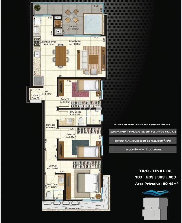 Apartamento em Praia de Fora, Palhoça. 3 quartos, 79m². Imagem 4 de 7